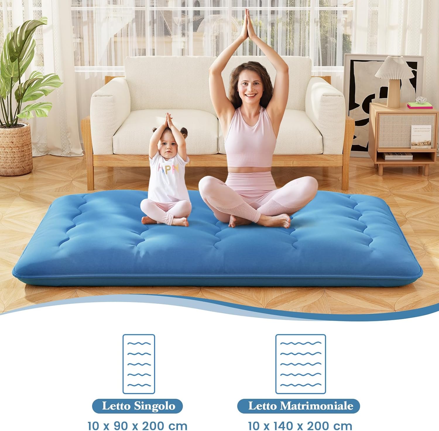 Materasso Futon Pieghevole, Materasso Portatile con Sacca da Trasporto per Camping, Materasso da Terra con Copertura Lavabile (200 x 140 cm, Blu)