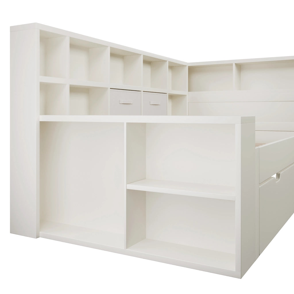 Letto singolo 90 × 200 cm con letto estraibile, ripiani su 3 lati, USB e Type-C, senza materasso, bianco