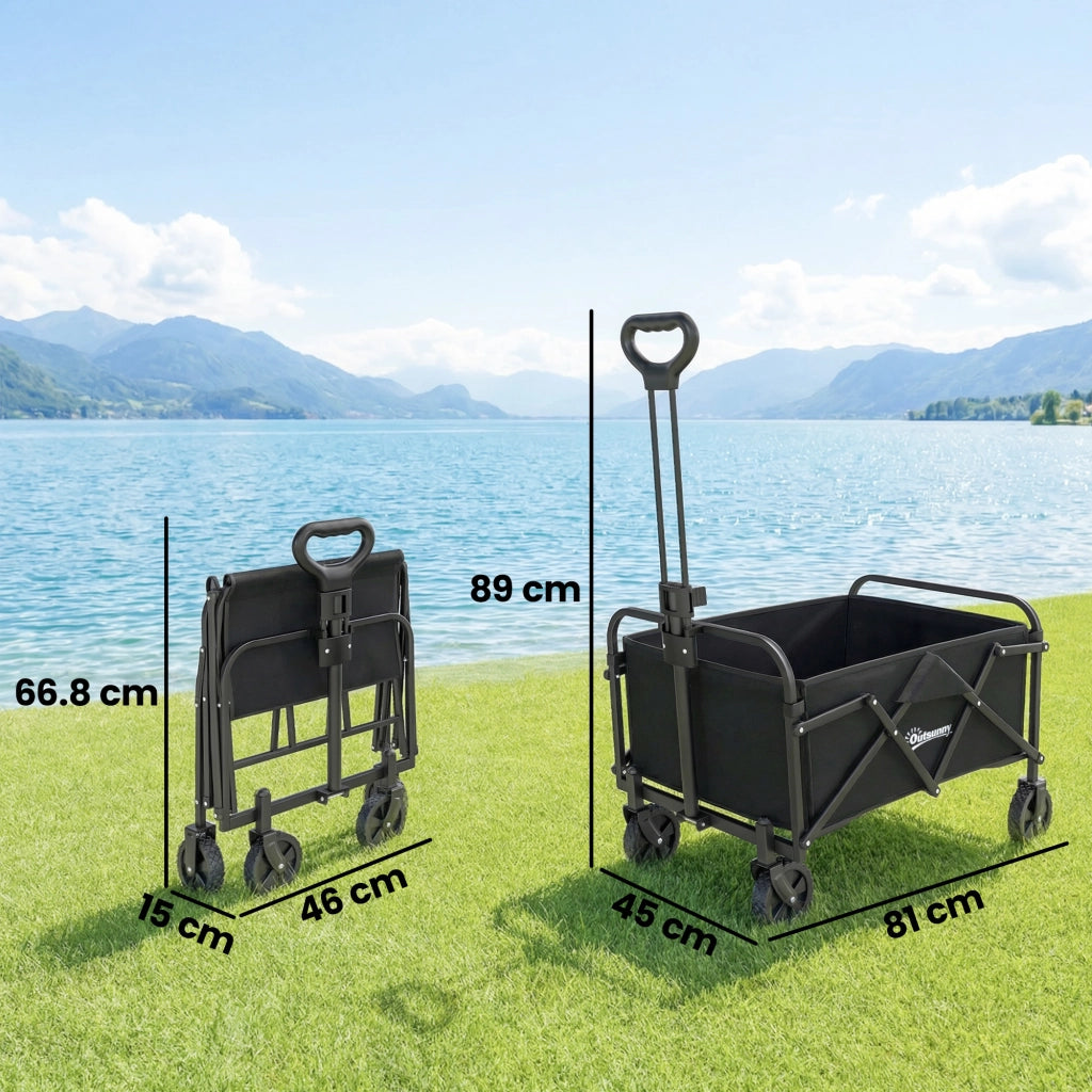 Carrello da Giardino Pieghevole 66L con Manico Regolabile e Portabicchieri, Nero