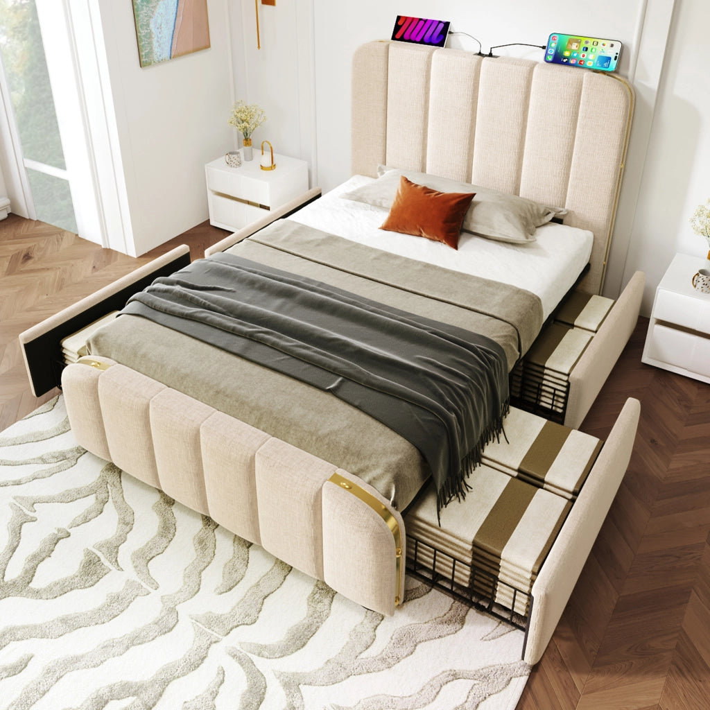 LETTO 90x200 cm in lino beige con 4 cassetti, USB Type-C e materasso incluso