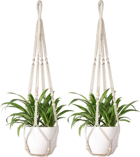 Cesto appeso in macramé per interni ed esterni, cesto appeso di cotone, corda con perle ..., avorio