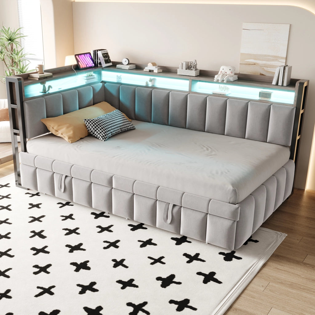 Letto estraibile singolo 90×200 cm con LED; ripiani; USB e type-C; senza materasso; tessuto; grigio