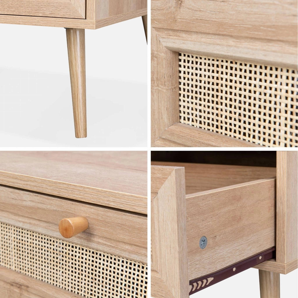 Tavolino scandinavo in vimini, 1 cassetto, marrone naturale