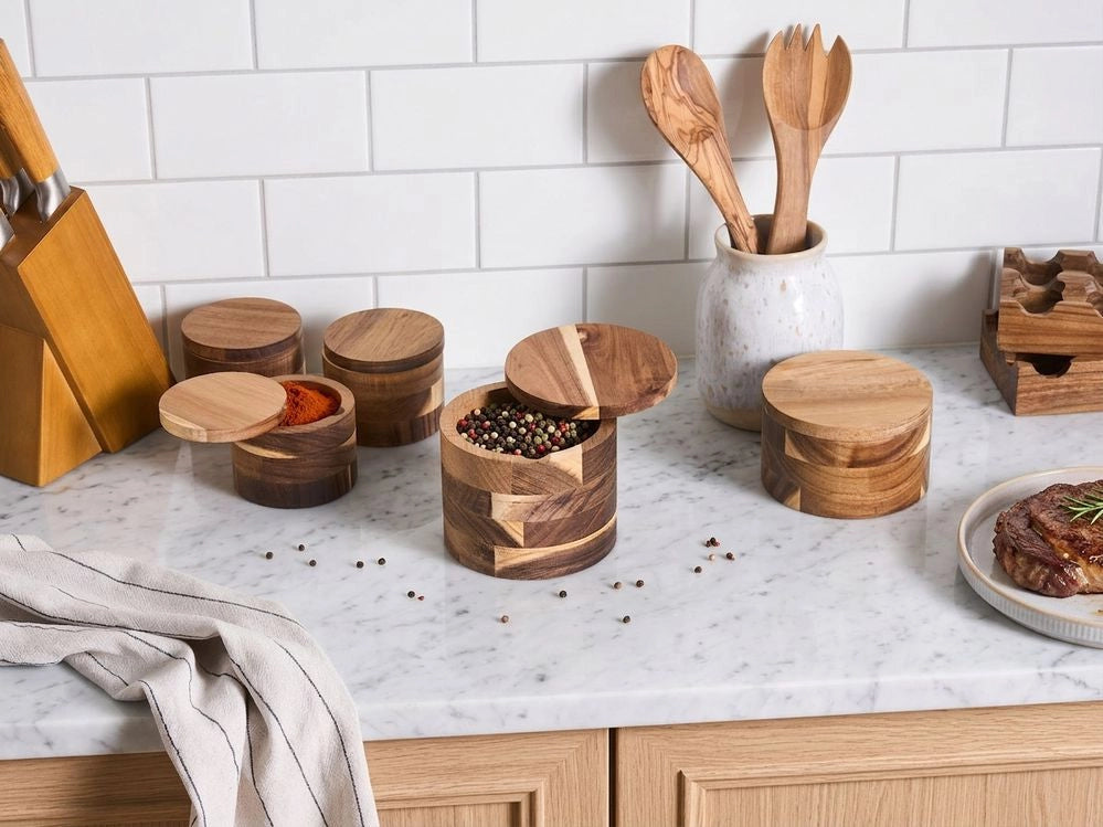 Set di 5 barattoli per spezie in legno di acacia marrone con coperchio - Contenitori per sale e pepe - Accessori decorativi da cucina