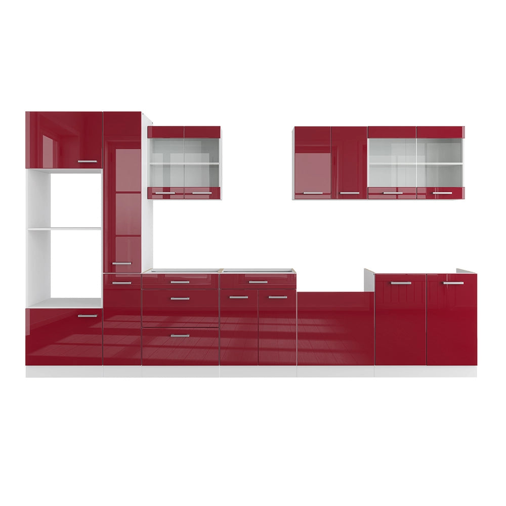 Vicco Cucina componibile Rosso lucido/bianco 350 cm con armadio alto, senza piano di lavoro