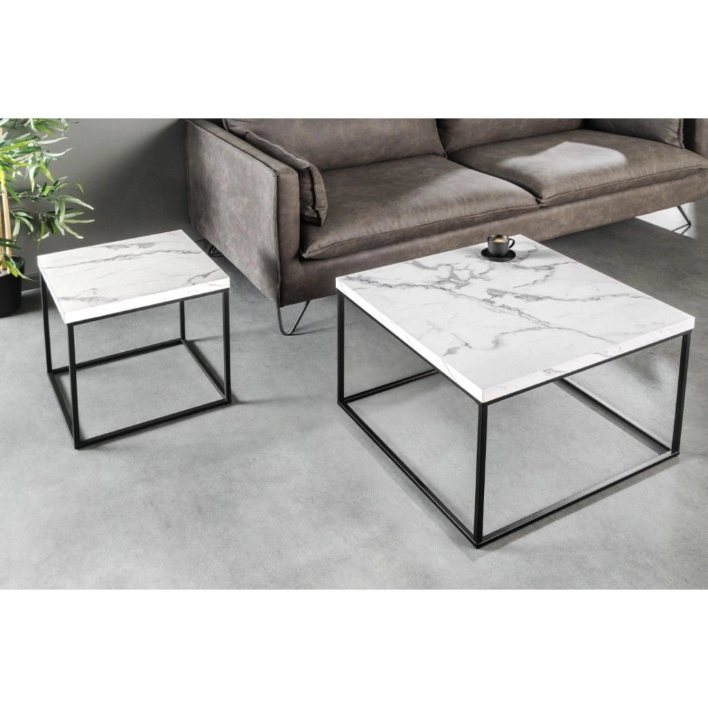 Tavolino basso ABITTA quadrato 60 cm marmo bianco – Moderno con piano effetto marmo e gambe in metallo