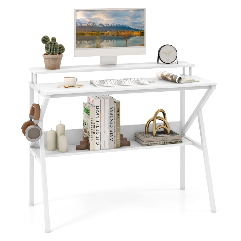 Scrivania salvaspazio per computer con supporto per monitor, Scrivania versatile con struttura metallica a forma di R Bianco-Scrivanie