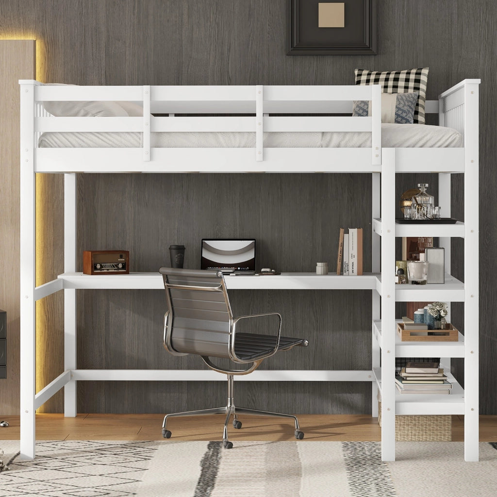 Letto a Soppalco per Bambini 140×200 cm; 2 Posti con Scrivania e Scaffali; senza Materasso; Bianco