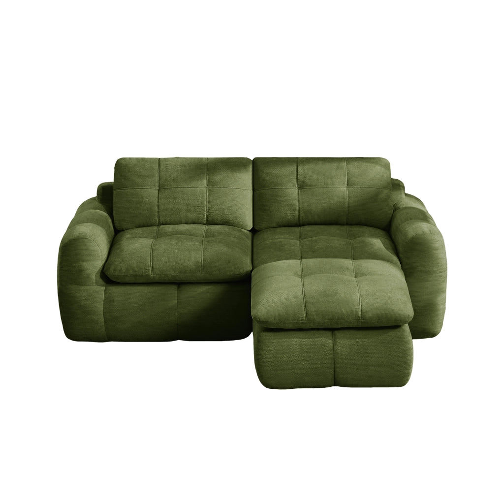 Divano modulare 2 posti con ottomano; seduta ergonomica e design trapuntato in chenille verde