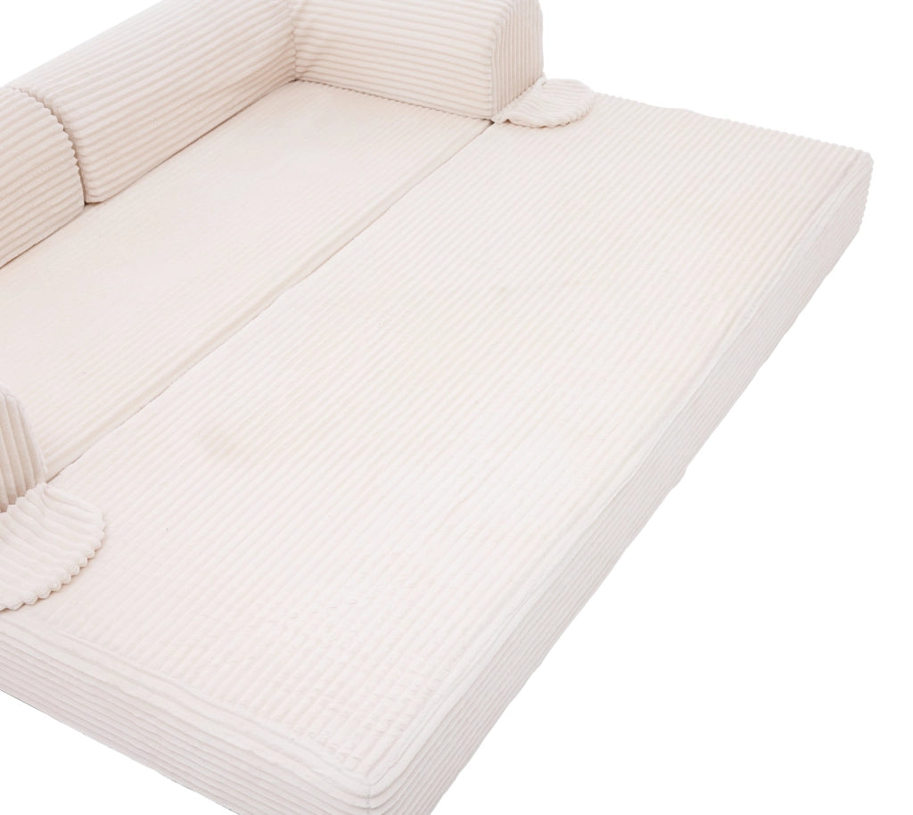 Divano letto 2 posti convertibile con funzione letto e braccioli imbottiti in tessuto a coste beige