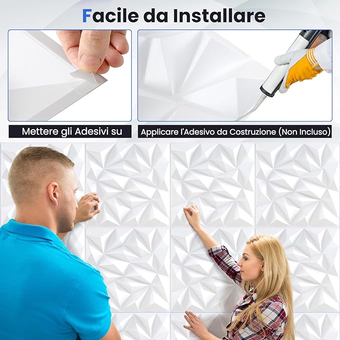 20 Pezzi 3D Pannelli Murali 50 x 50 cm, Pannello da Parete 3D Diamante, Decorazione Interna da Parete in PVC, 5 m², per Soggiorno Camera da Letto (5㎡,Bianco)