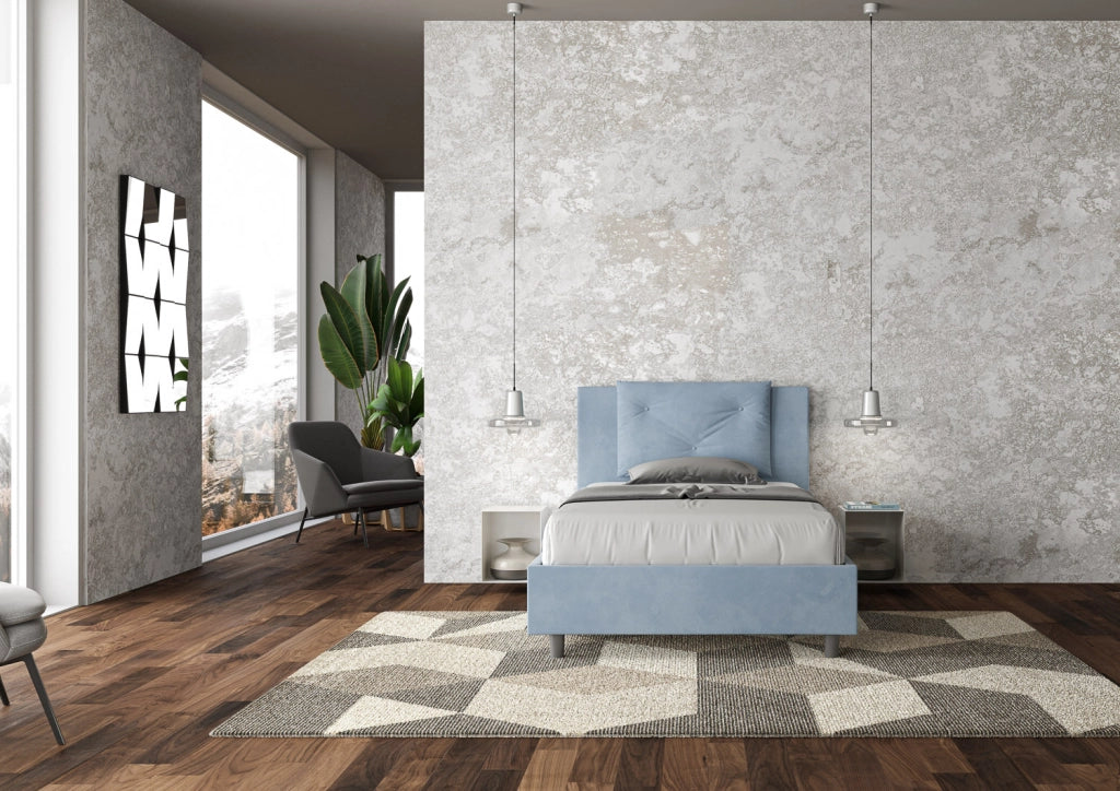 BS COM Letto una piazza e mezza con rete imbottito 120x190 microfibra azzurro