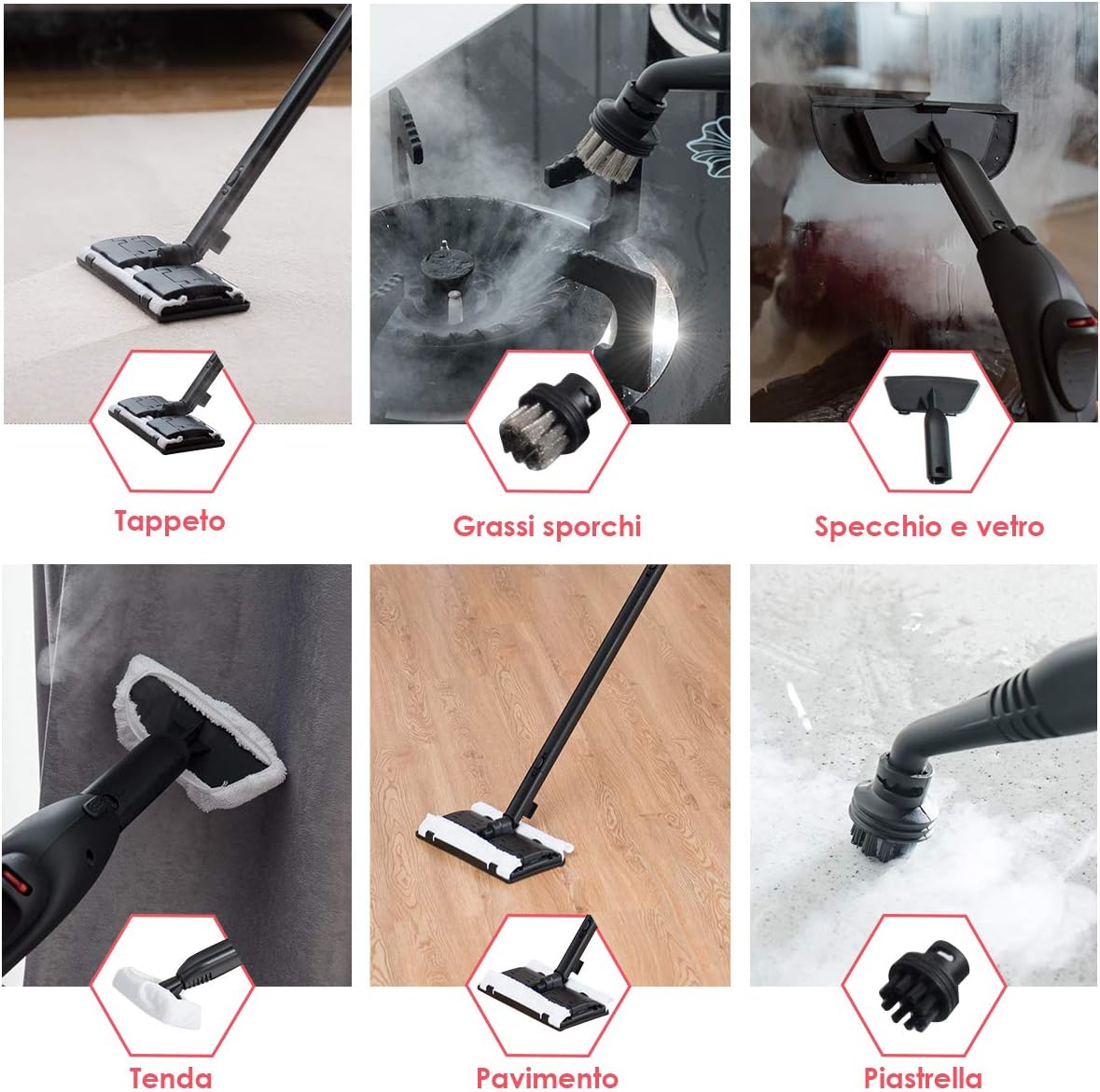 2000W Pulitore a Vapore con 19 Accessori e Serbatoio da 1,5L, Vapore per Tappeti, per Pulizie Profonde Pavimenti Finestre e Macchine (rosso)