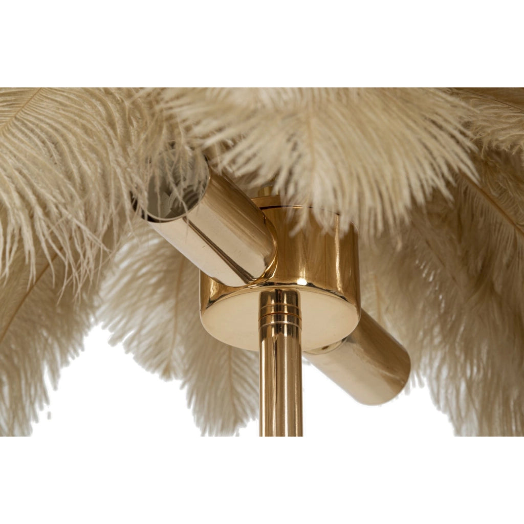 Lampada da tavolo Palm cammello in metallo dorato con piume di struzzo