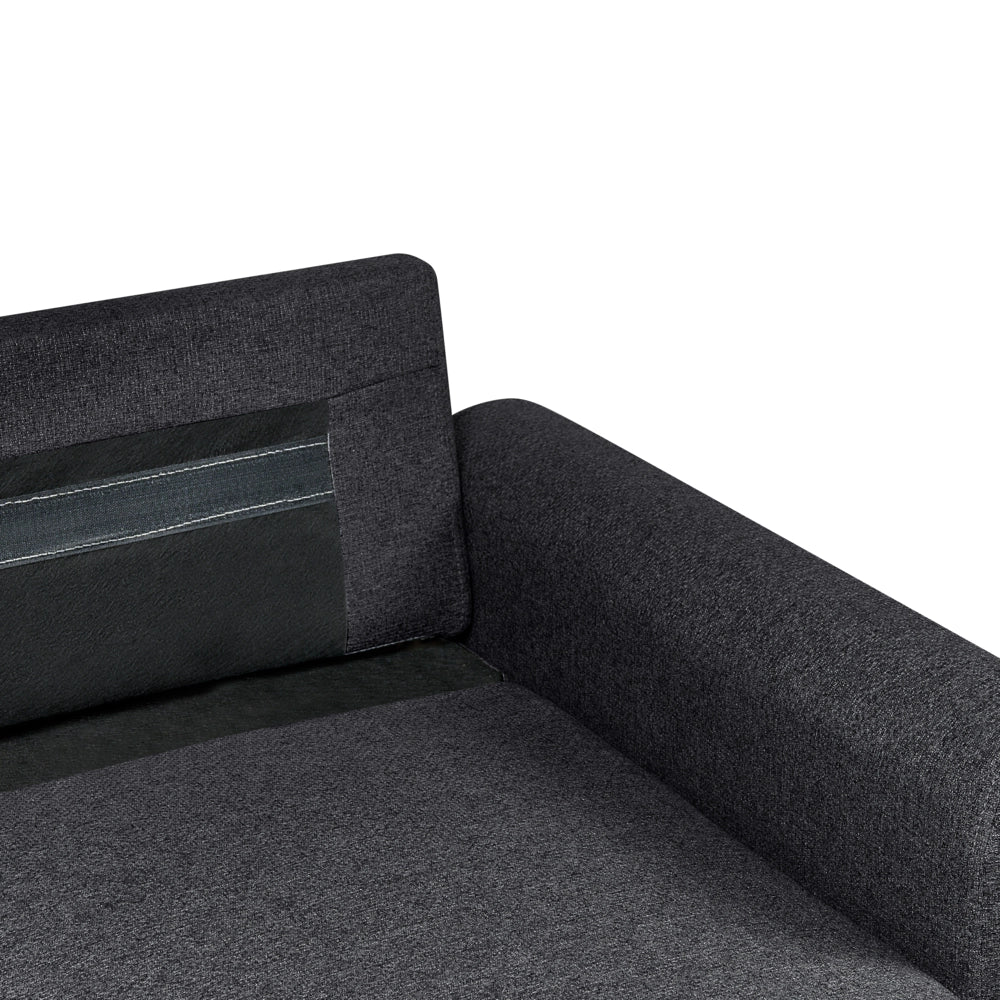 Divano letto angolare con contenitore lato sinistro nero rivestimento in poliestere effetto lino contenitore cuscini design moderno