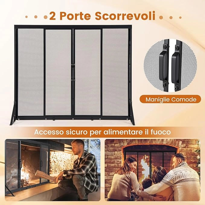 Griglia Parascintille Camino con 2 Pannelli Scorrevoli, Maniglie Convenienti e Telai di Supporto a Triangolo, Ventilazione Eccellente, Schermo per Camino in Rete Metallica (96 x 79 cm)