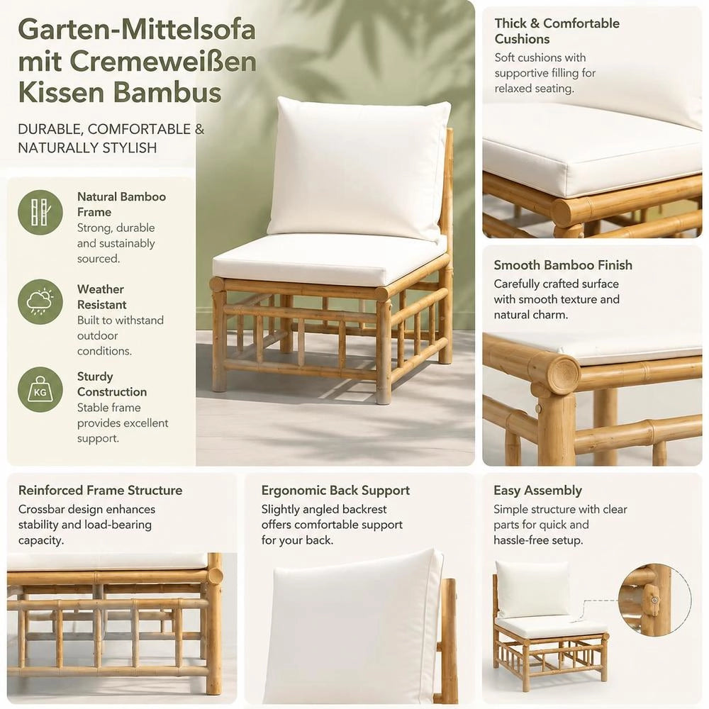Garden Center Sofa With Cream-white Cushions, Bamboo