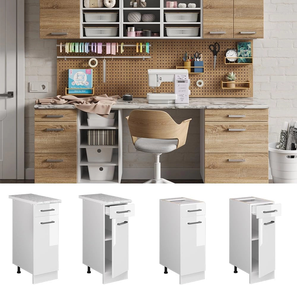 Base universale R-Line, Bianco lucido, 30 cm con cassetto, senza piano di lavoro, adatto per essere riposto in modo salvaspazio nelle cucine componibili
