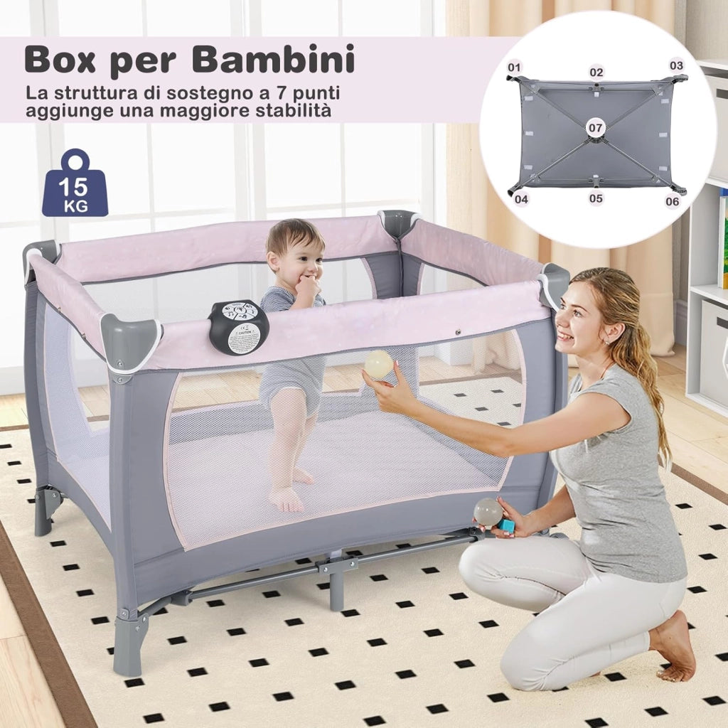 5 in 1 Culla Campeggio Bambini, Lettino Viaggio Neonati Pieghevole con Materasso, Fasciatoio, Box Portatile con Ruote, 2 Giocattoli e Carillon, per Bambini 0-3 Anni (Rosa)