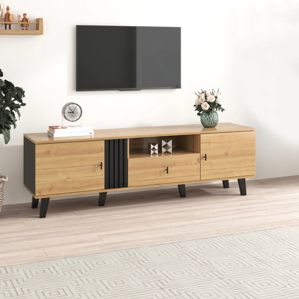 Mobile TV con 2 Ante; 1 Cassetto e 1 Vano; Design Legno e Nero; Soggiorno; 170??40??50;5 cm; in Pannello Truciolare