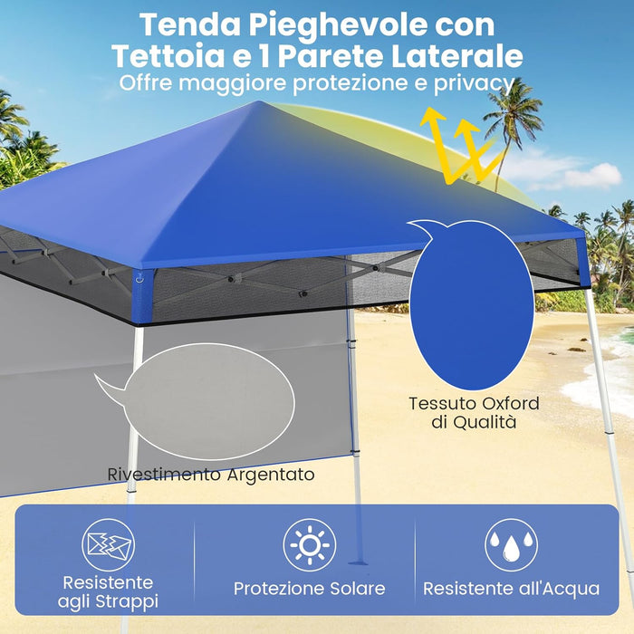 Gazebo Pop-up da Esterno 182 x 182 cm, Gazebo Pieghevole con 1 Parete Laterale, Gambe Inclinabili Regolabili e 4 Picchetti, Tendone Impermeabile per Feste, Campeggio e Picnic (Blu)