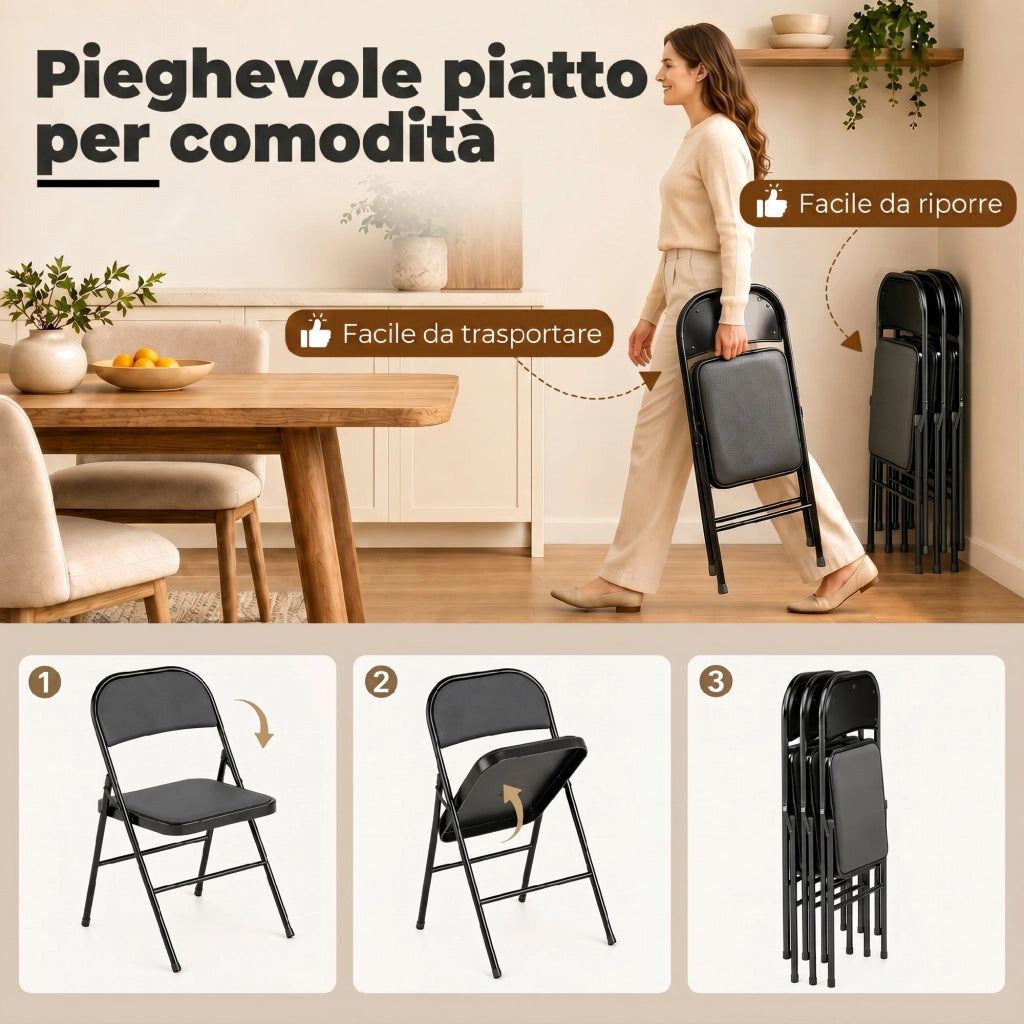 Set 2 Sedie Imbottite Pieghevoli ¨C Zephmum ¨C Similpelle Nero e Metallo 45x46x78 cm