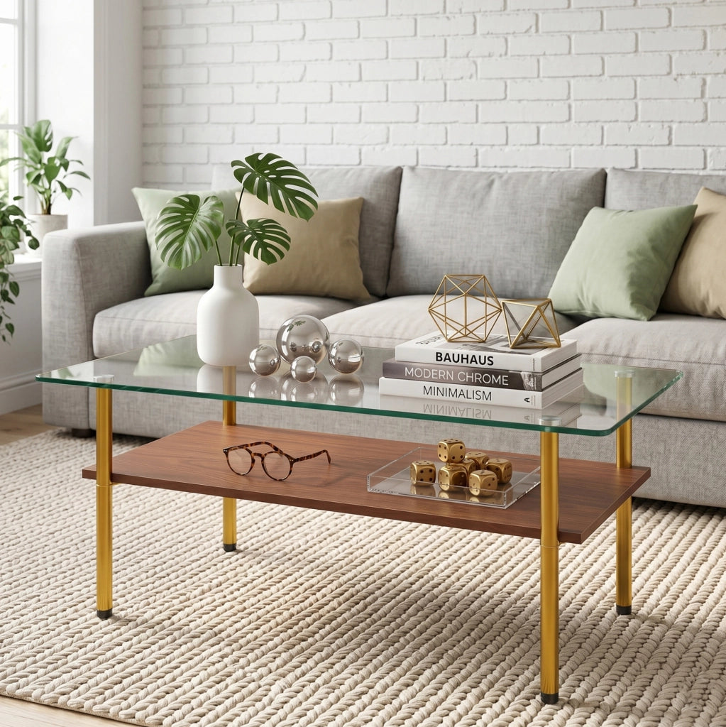 Tavolino da caffè 98x58x45 cm con piano in vetro e ripiano in MDF; struttura in metallo; marrone oro
