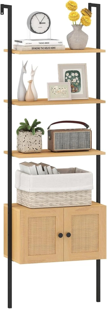 Libreria a Scala a 5 Ripiani con Armadio in Rattan, Scaffale da Parete con Struttura in Metallo, Organizzatore di Stoccaggio per Soggiorno Studio Ufficio, 60x31,5x184 cm