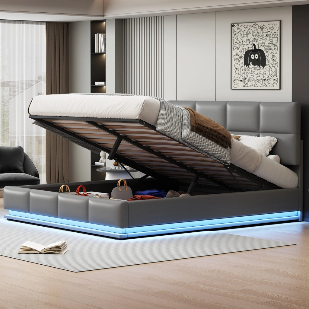 Letto Contenitore Matrimoniale 180x200 cm; LED e Testiera Regolabile in PU Grigio