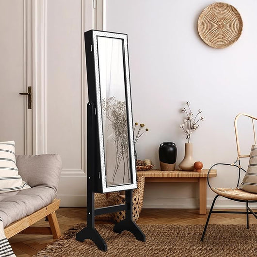 Armadio per Gioielli, Armadietto Portagioie con Specchio a Figura Intera, Organizer Spazioso per Gioielli, per Camera da Letto e Salotto, 35,5 x 33 x 153 cm (Nero)