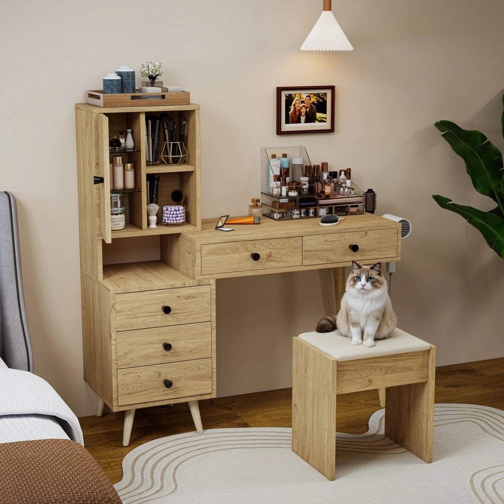 Toeletta con sgabello, completa di specchio, 5 cassetti, spazio portaoggetti, finitura effetto legno, colore legno naturale