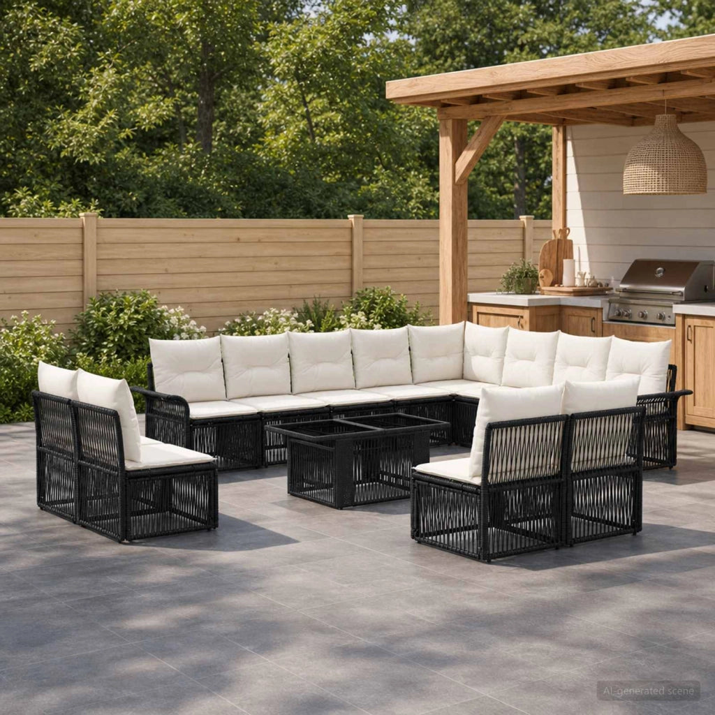 Set Divano da Giardino 13 pz Nero e Bianco Crema polyrattan 3436711