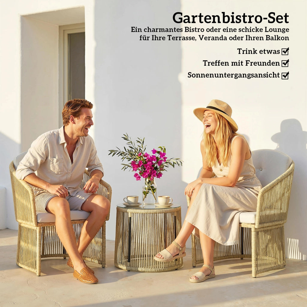 Set Bistrot Rattan 3 Pezzi con Tavolo Tondo Vetro e Cuscini ¨C zephmum ¨C Cremewei?