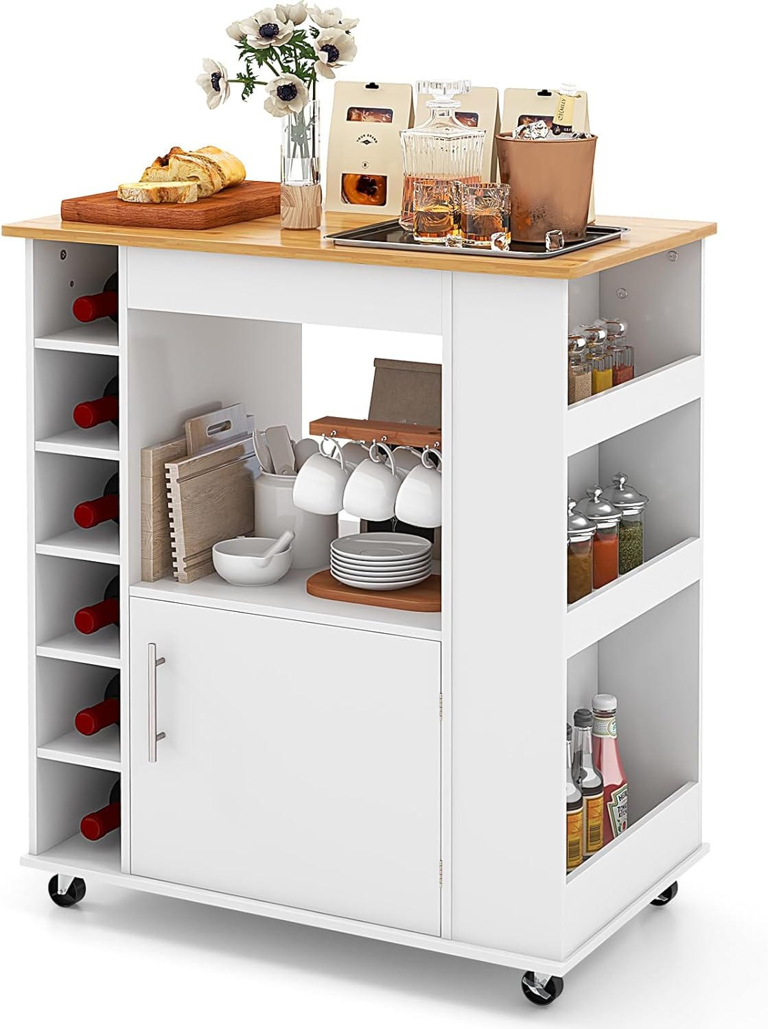 Carrello da Cucina con Ruote, Isola da Cucina con Scomparti Portabottiglie a 6 Scomparti, Portaspezie e Portasciugamani, 76x44x89 cm