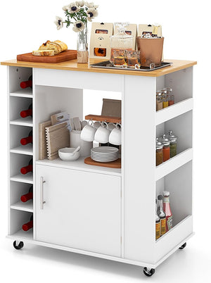 Carrello da Cucina con Ruote, Isola da Cucina con Scomparti Portabottiglie a 6 Scomparti, Portaspezie e Portasciugamani, 76x44x89 cm