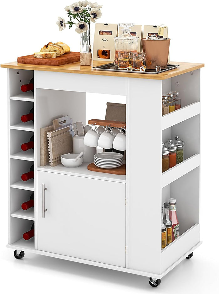 Carrello da Cucina con Ruote, Isola da Cucina con Scomparti Portabottiglie a 6 Scomparti, Portaspezie e Portasciugamani, 76x44x89 cm