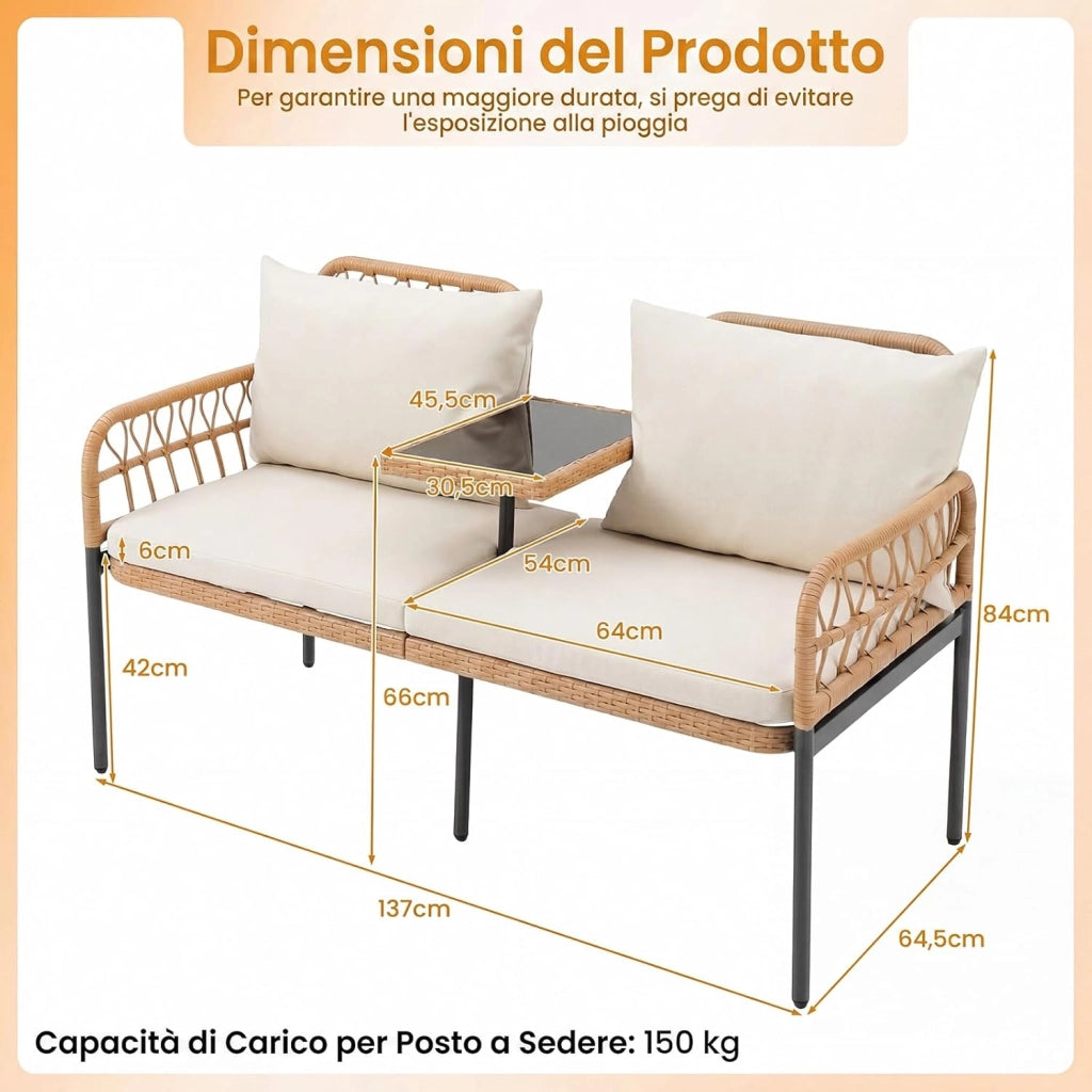 Divano da Giardino in Rattan PE, Panchina da Esterno con Tavolino Integrato in Vetro Temperato, Divanetto a 2 Posti, Cuscini Imbottiti, per Balcone, Terrazza e Cortile, Portata 150 kg