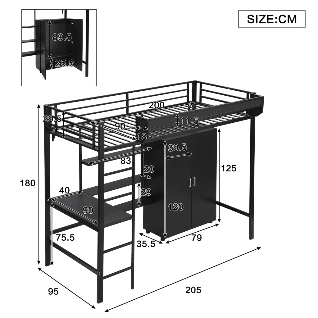 LETTO a castello 90x200 cm Nero in metallo e legno con tavolo e armadio