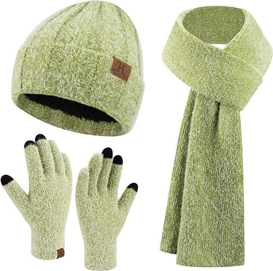 Set di accessori caldi per donne, composto da berretto di lana, guanti touchscreen e sciarpa lunga, con berretto di lana imbottito, sciarpa a maglia, guanti di lana e guanti a maglia