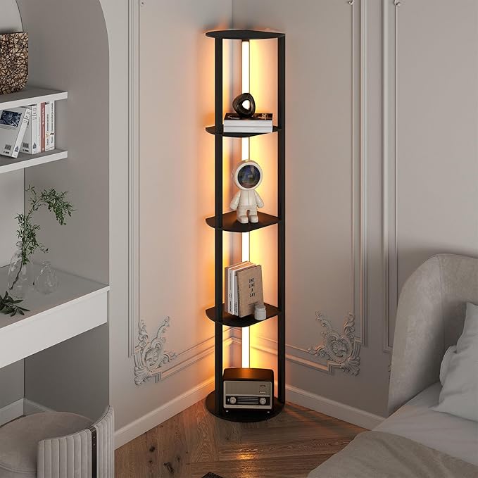Lampada da Terra Moderna con Mensole, Lampada a Stelo in Legno con 4 Strisce LED Ruotabili, Luminosità Regolabile e Interruttore a Pedale, Scaffale a 4 Ripiani con Luce per Casa