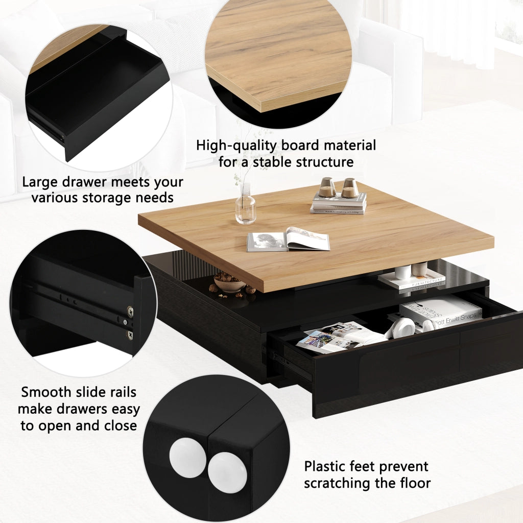 Tavolino basso con piano girevole a 360° e vano contenitore, per soggiorno, in truciolare, noce e nero, 70 × 70 × 36 cm