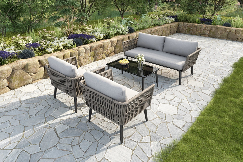Set salotto giardino: Divanooo 2 posti + 2 poltrone + tavolo; corda PE intrecciata; vetro nero; acciaio