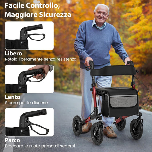 Deambulatore Pieghevole per Anziani in Alluminio, Rollator Regolabile in Altezza con Seduta, Schienale e Freni, Girello per Anziani con Borsetta, Carico Massimo 140 kg (Rosso)