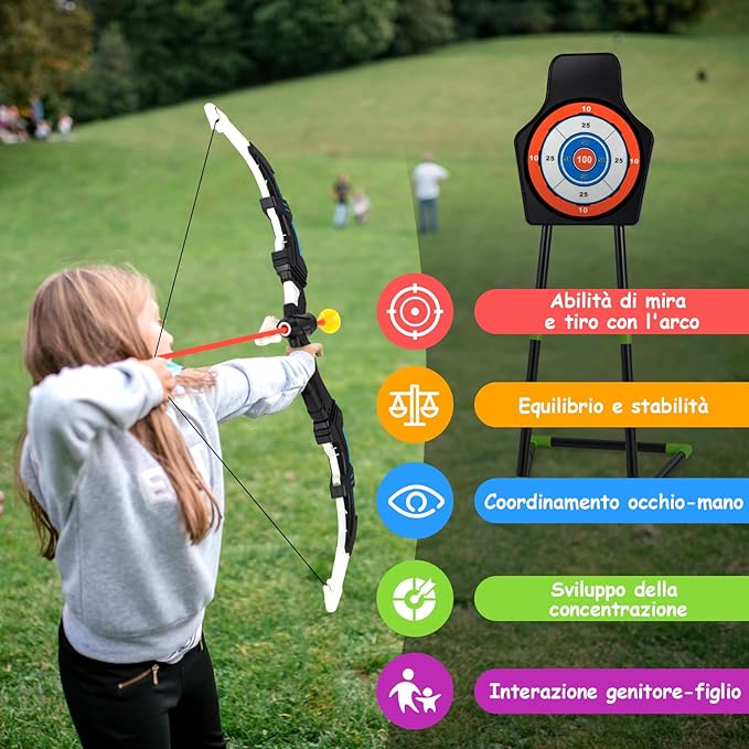 Set di 2 Archi e Frecce per Bambini, Giocattoli con Arco e Frecce LED con 20 Frecce a Ventosa, Fasce per Interni ed Esterni, per Ragazzi 3 anni +