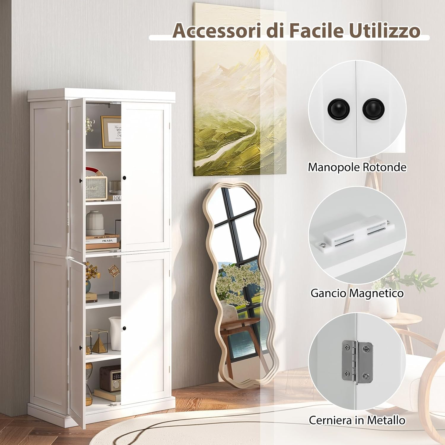 Credenza da Cucina, Mobile da Cucina Moderno con 6 Ripiani, 2 Ripiani Regolabili, per Cucina, Sala da Pranzo e Soggiorno, 76 x 40 x 184,5 cm