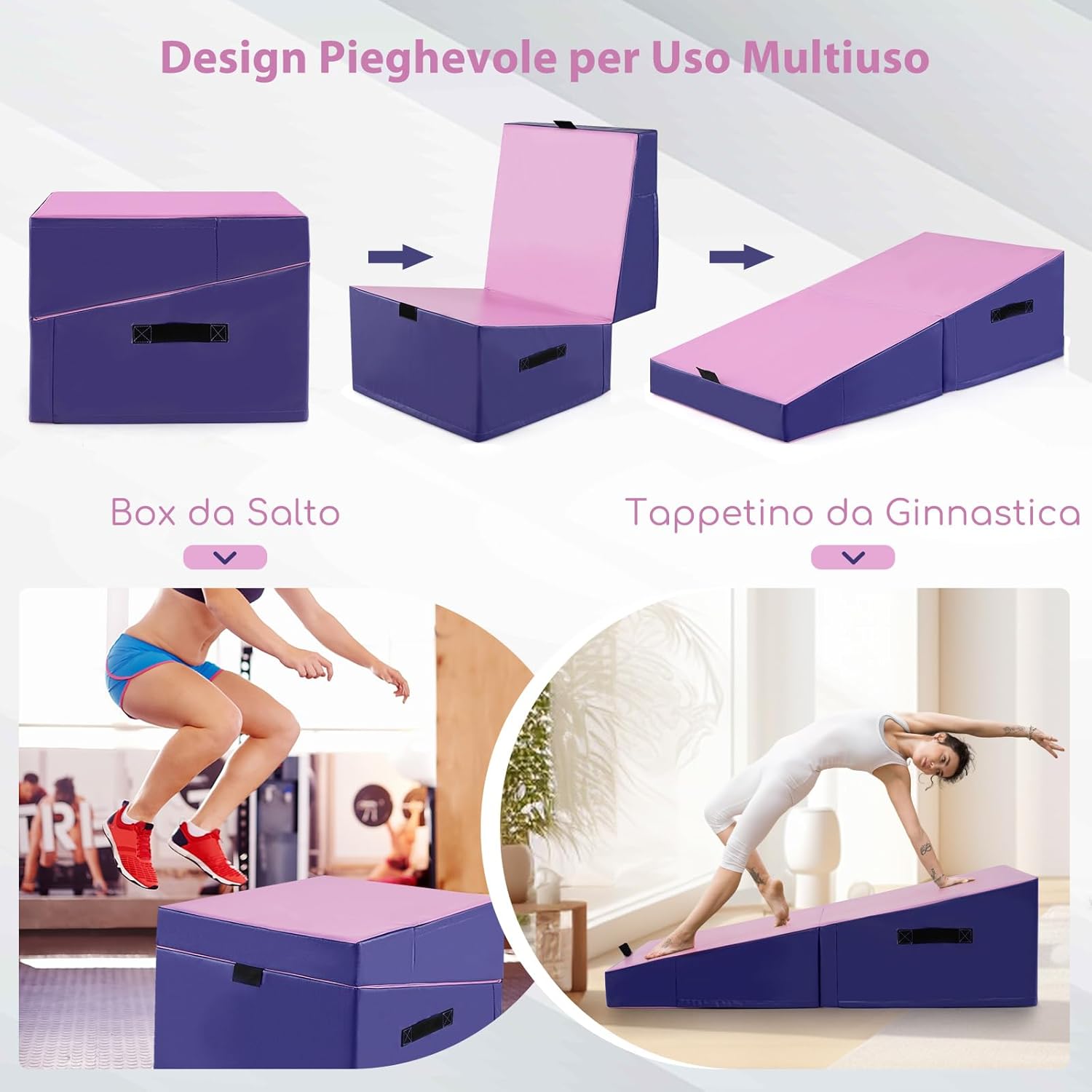 Materassino Ginnastica, Tappetino da Ginnastica Pieghevole con Schiuma EPE e Pelle PVC Antiscivolo e Maniglia, Tappetino da Esercizio a Forma di Cuneo per Casa e Palestra