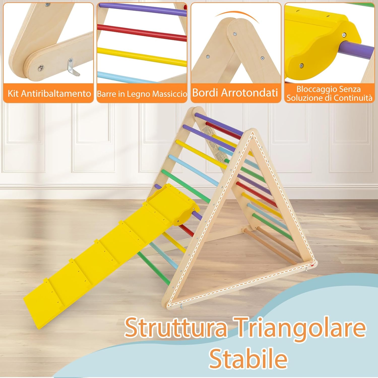 Arrampicata per Bambini, Triangolo da Arrampicata in Legno con Scivolo, Scala Giochi Pieghevole per Bambini 3+ Anni, Carico 60 kg (colorato)