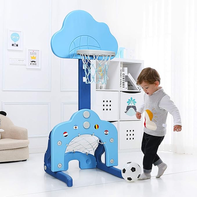 Basket per Bambini Centro attività Multifunzione - Palla Canestro, Calcio e Golf, Mazza da Golf e Palle incluese, per Bambini, Altezza Regolabile (Nuvola Azzurra)