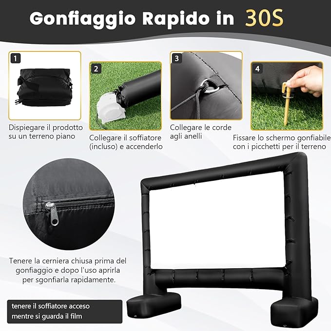 Schermo Proiettore Gonfiabile 16:9, Schermo Gonfiabile per Esterni con Soffiatore, Schermi di Proiezione con Borsa per Trasporto e Picchetti, 257 x 144 CM (Modello 1)