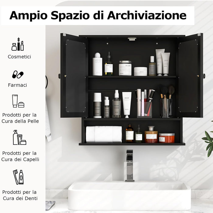 Armadietto da Bagno con Specchio, Armadietto da Parete con Ripiano Regolabile, Mobile da Parete per Bagno (Nero)